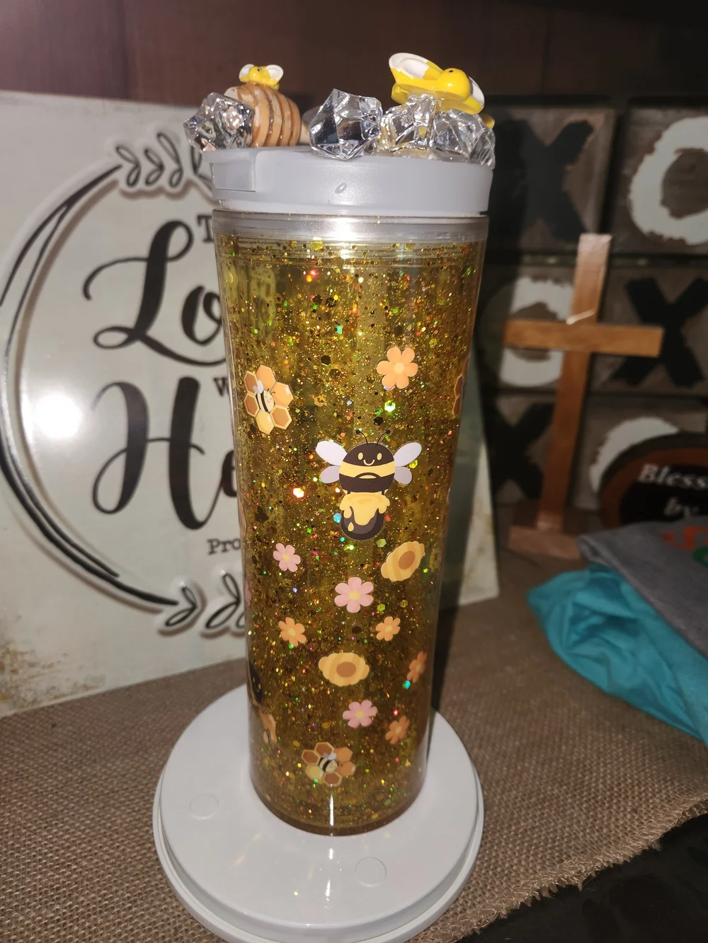 Bee & Honey Glitter Tumbler Duo — Yellow Floral Gnome Accent